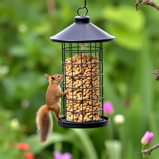 Squirrel-proof peanut feeder hanging in garden