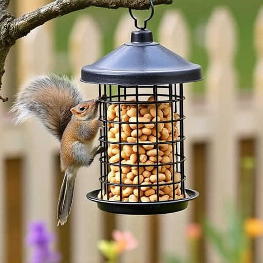 Squirrel-proof peanut feeder hanging in garden