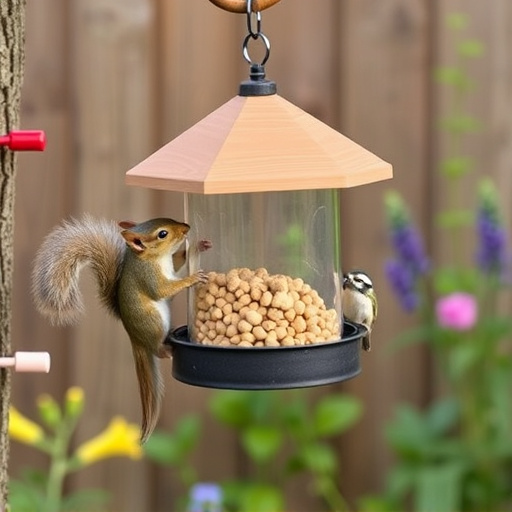 Squirrel-proof peanut feeder hanging in garden