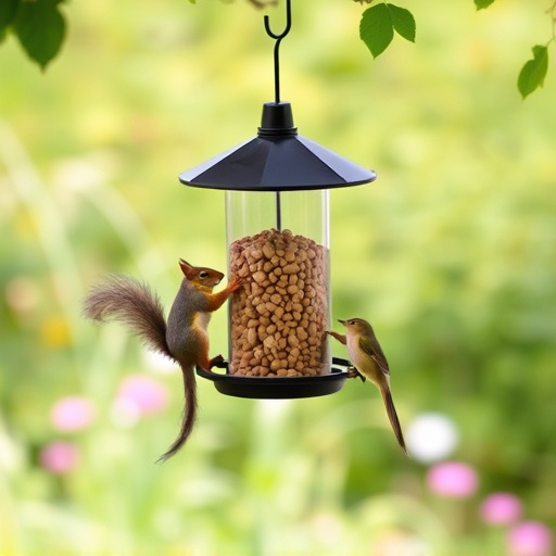 Squirrel-proof peanut feeder hanging in garden