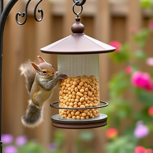 Squirrel-proof peanut feeder hanging in garden