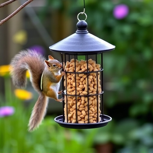 Squirrel-proof peanut feeder hanging in garden