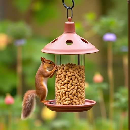 Squirrel-proof peanut feeder hanging in garden