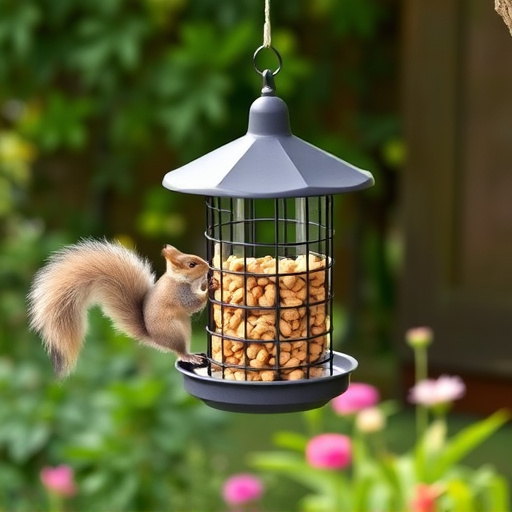 Squirrel-proof peanut feeder hanging in garden