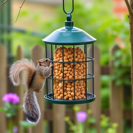 Squirrel-proof peanut feeder hanging in garden