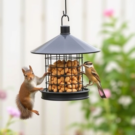 Squirrel-proof peanut feeder hanging in garden
