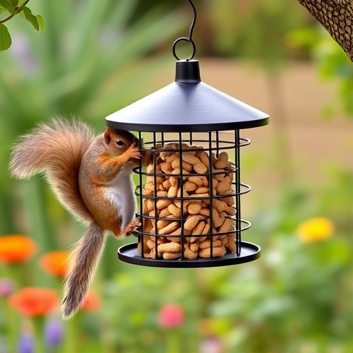 Squirrel-proof peanut feeder hanging in garden