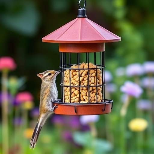 Squirrel-proof peanut feeder hanging in garden