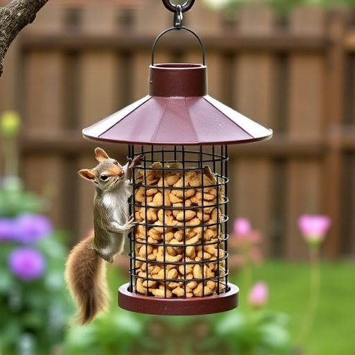 Squirrel-proof peanut feeder hanging in garden