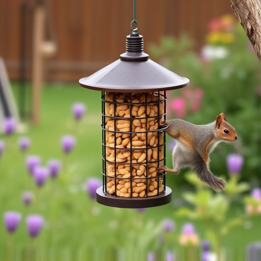 Squirrel-proof peanut feeder hanging in garden