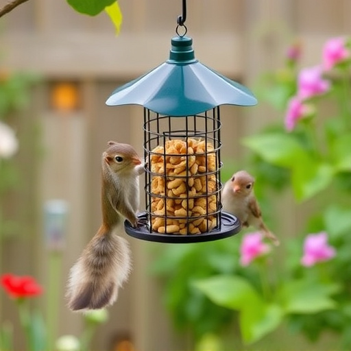 Squirrel-proof peanut feeder hanging in garden