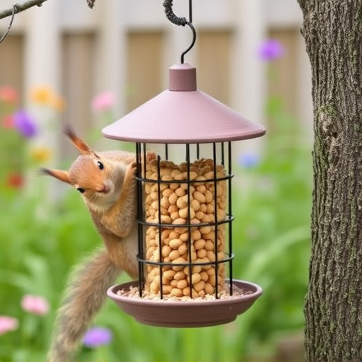 Squirrel-proof peanut feeder in garden