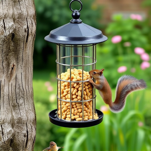 Squirrel-proof peanut feeder in garden
