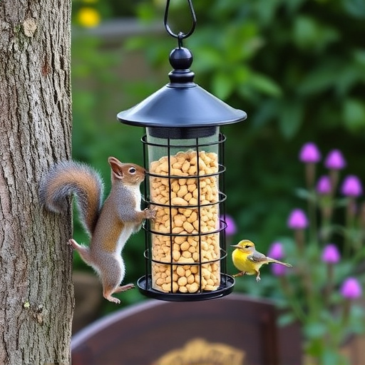 Squirrel-proof peanut feeder in garden