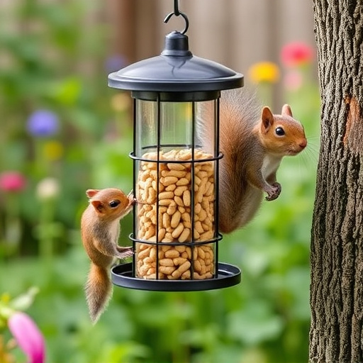 Squirrel-proof peanut feeder in garden