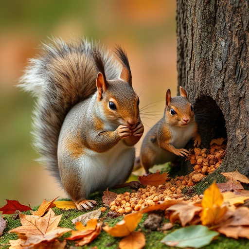 Squirrels near autumn bird food