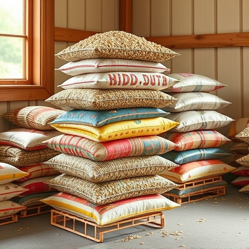 Stack of bird feed parcels indoors