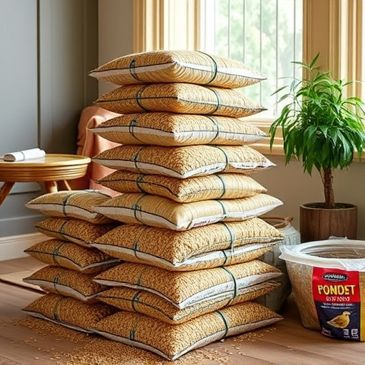 Stack of bird feed parcels indoors