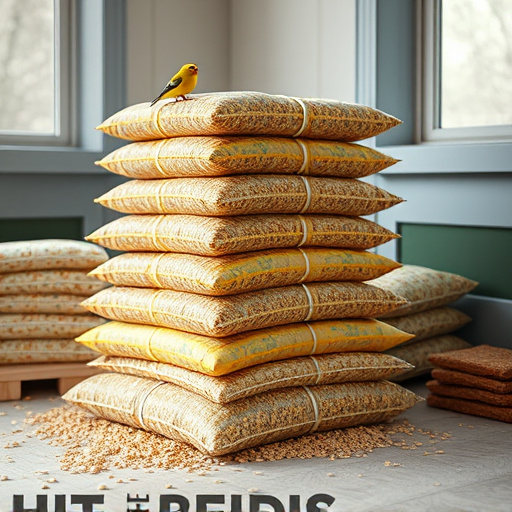 Stack of bird feed parcels indoors