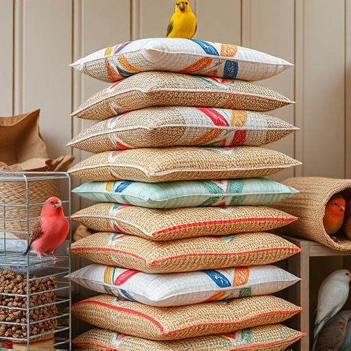 Stack of bird feed parcels indoors