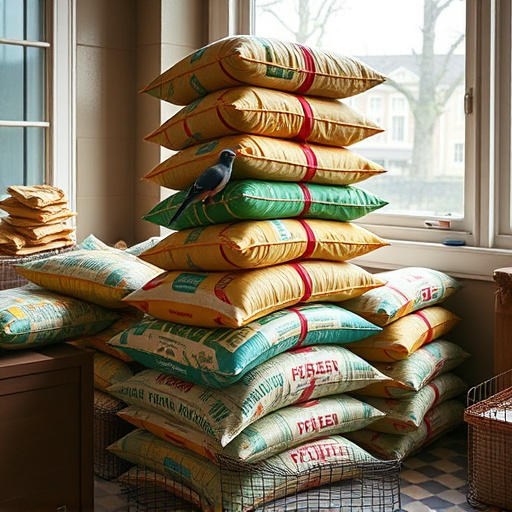 Stack of bird feed parcels indoors