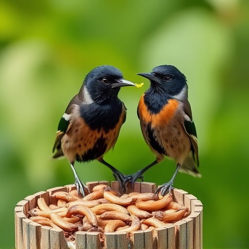 Starlings eating dried mealworms outdoors