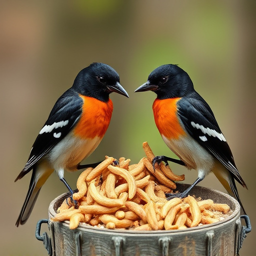 Starlings eating dried mealworms outdoors