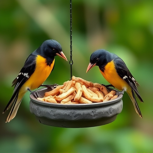 Starlings eating dried mealworms outdoors