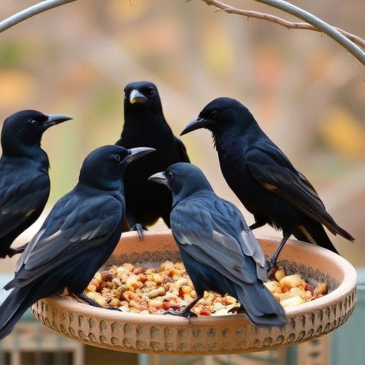 Starlings gathering near food dish