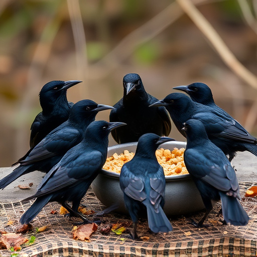 Starlings gathering near food dish