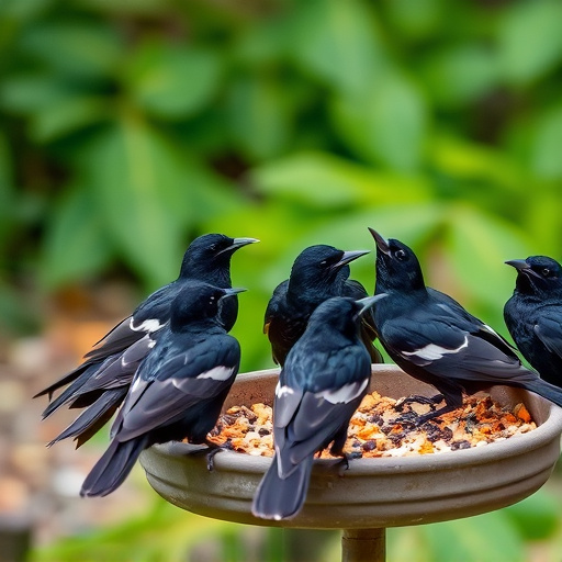 Starlings gathering near food dish
