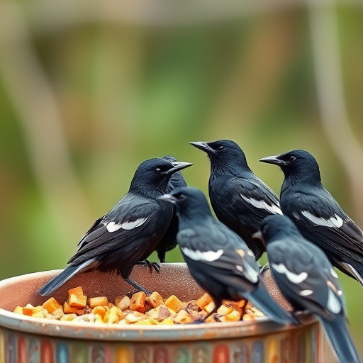 Starlings gathering near food dish