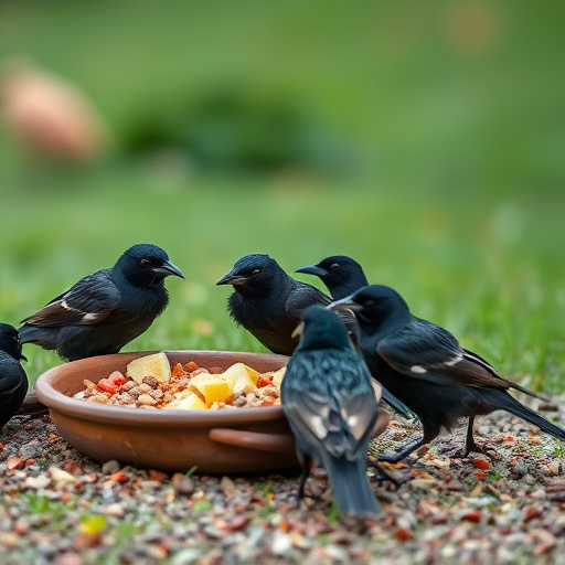 Starlings gathering near food dish