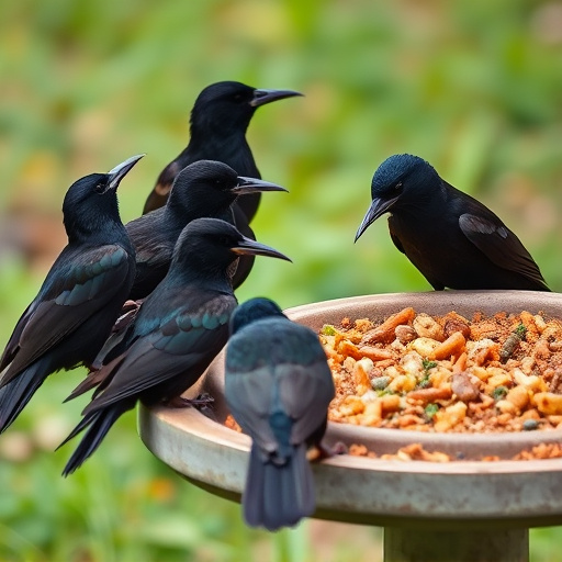 Starlings gathering near food dish