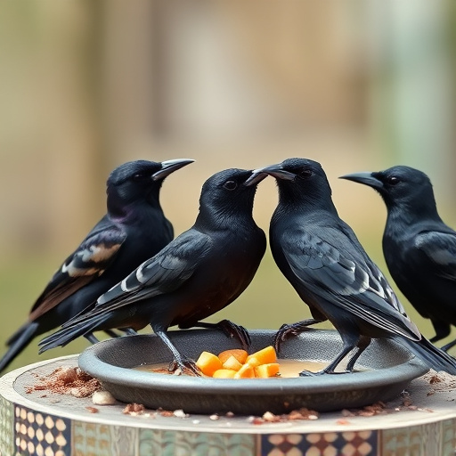 Starlings gathering near food dish