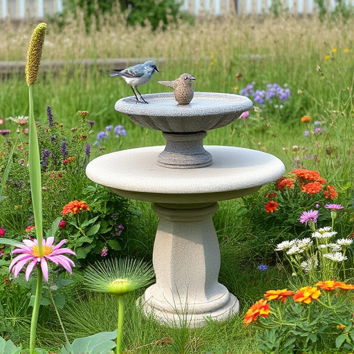 Stone bird bath surrounded by wildflowers