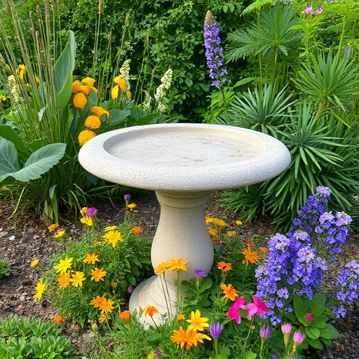 Stone bird bath surrounded by wildflowers