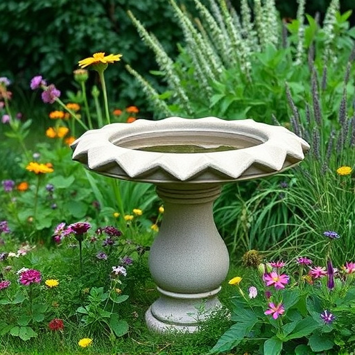 Stone bird bath surrounded by wildflowers