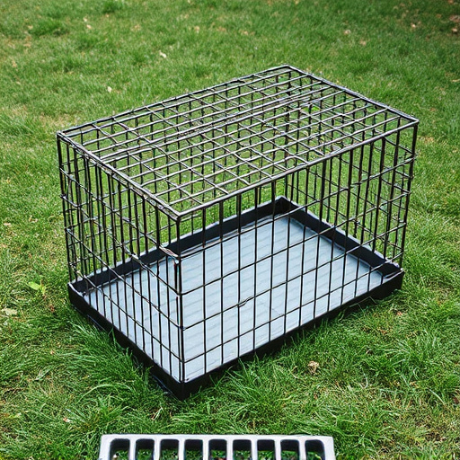 Sturdy caged tray on grassy ground