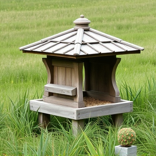 Sturdy roofed feeder surrounded by grass