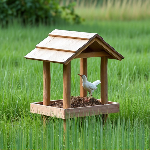 Sturdy roofed feeder surrounded by grass