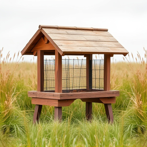 Sturdy roofed feeder surrounded by grass
