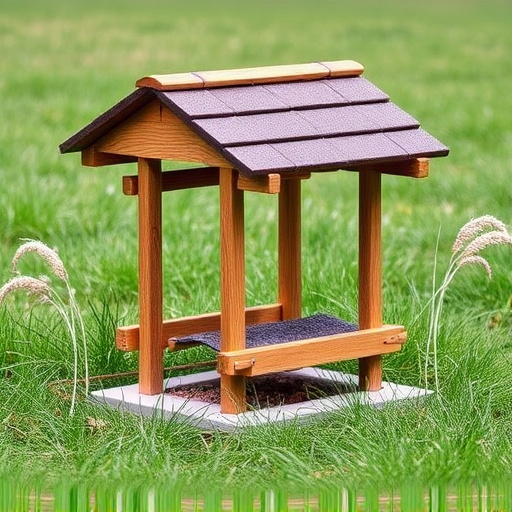 Sturdy roofed feeder surrounded by grass