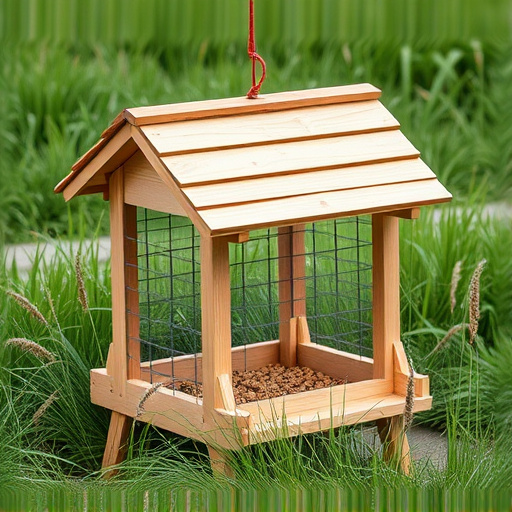 Sturdy roofed feeder surrounded by grass
