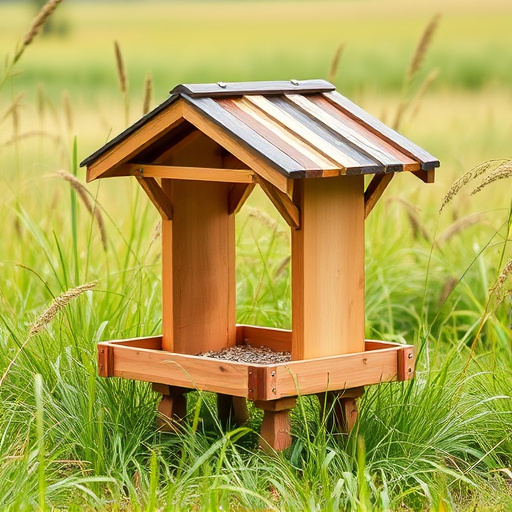 Sturdy roofed feeder surrounded by grass