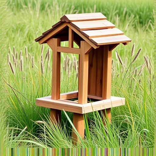 Sturdy roofed feeder surrounded by grass