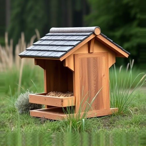 Sturdy roofed feeder surrounded by grass