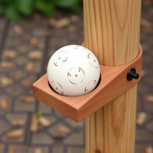 Suet ball holder attached to wooden post