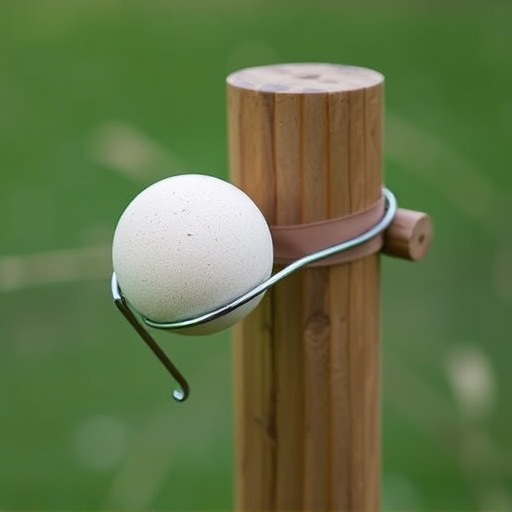 Suet ball holder attached to wooden post