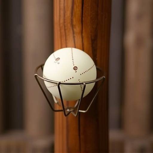 Suet ball holder attached to wooden post